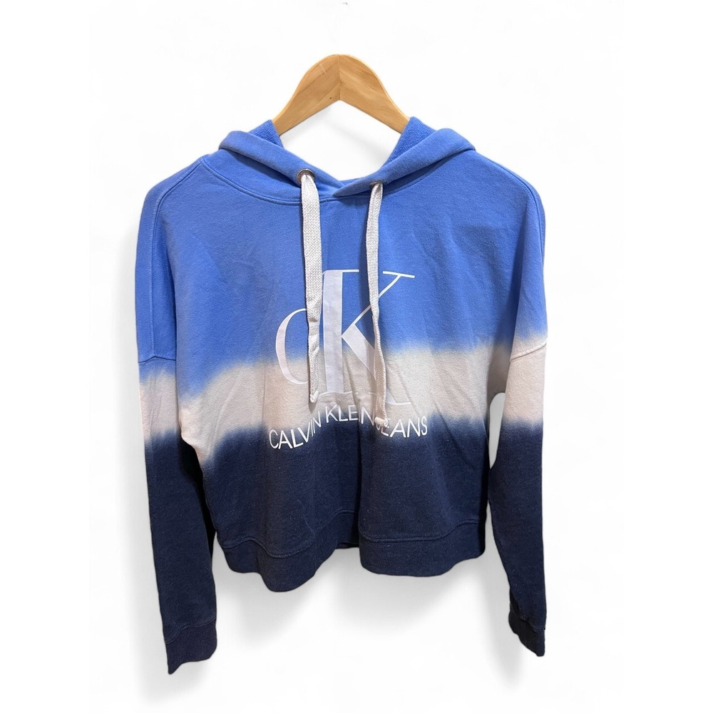 Calvin Klein Tie Dye Blue, Navy, and White Cropped Hoodie S - Picture 1 of 4